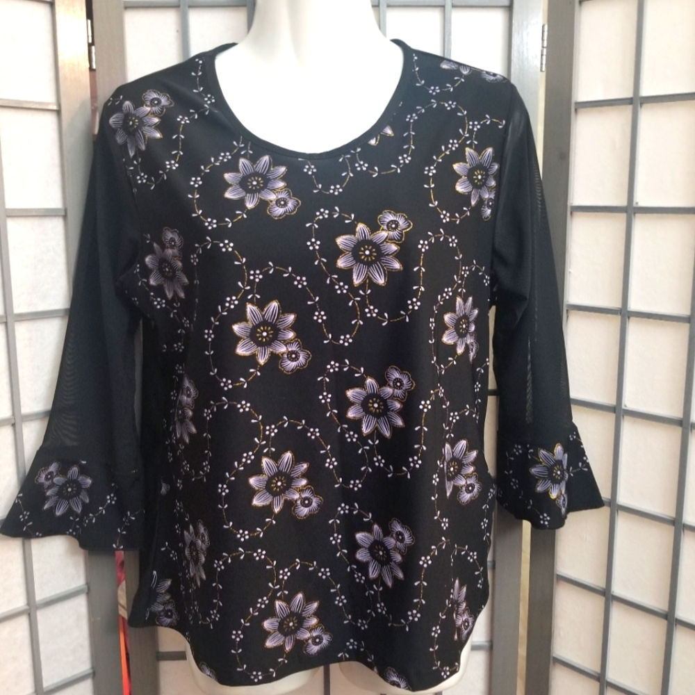 Black Blouse with Sheer 3/4 Longsleeves Women XL
